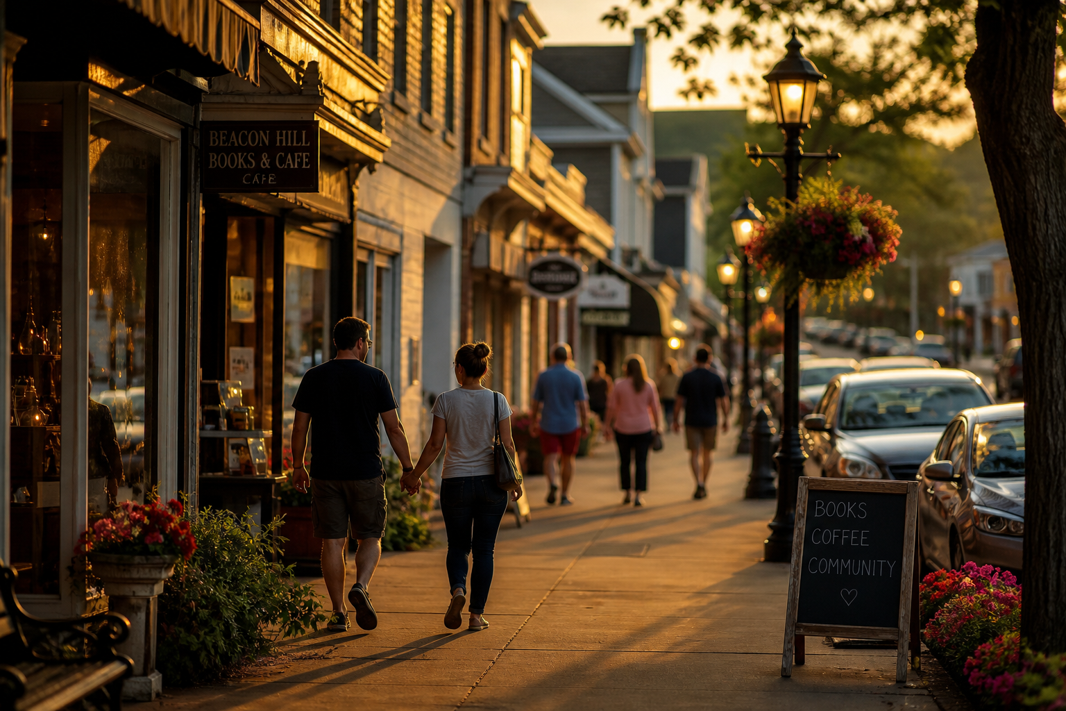 Warm Main Street at golden hour—shops and sidewalks in a small town.