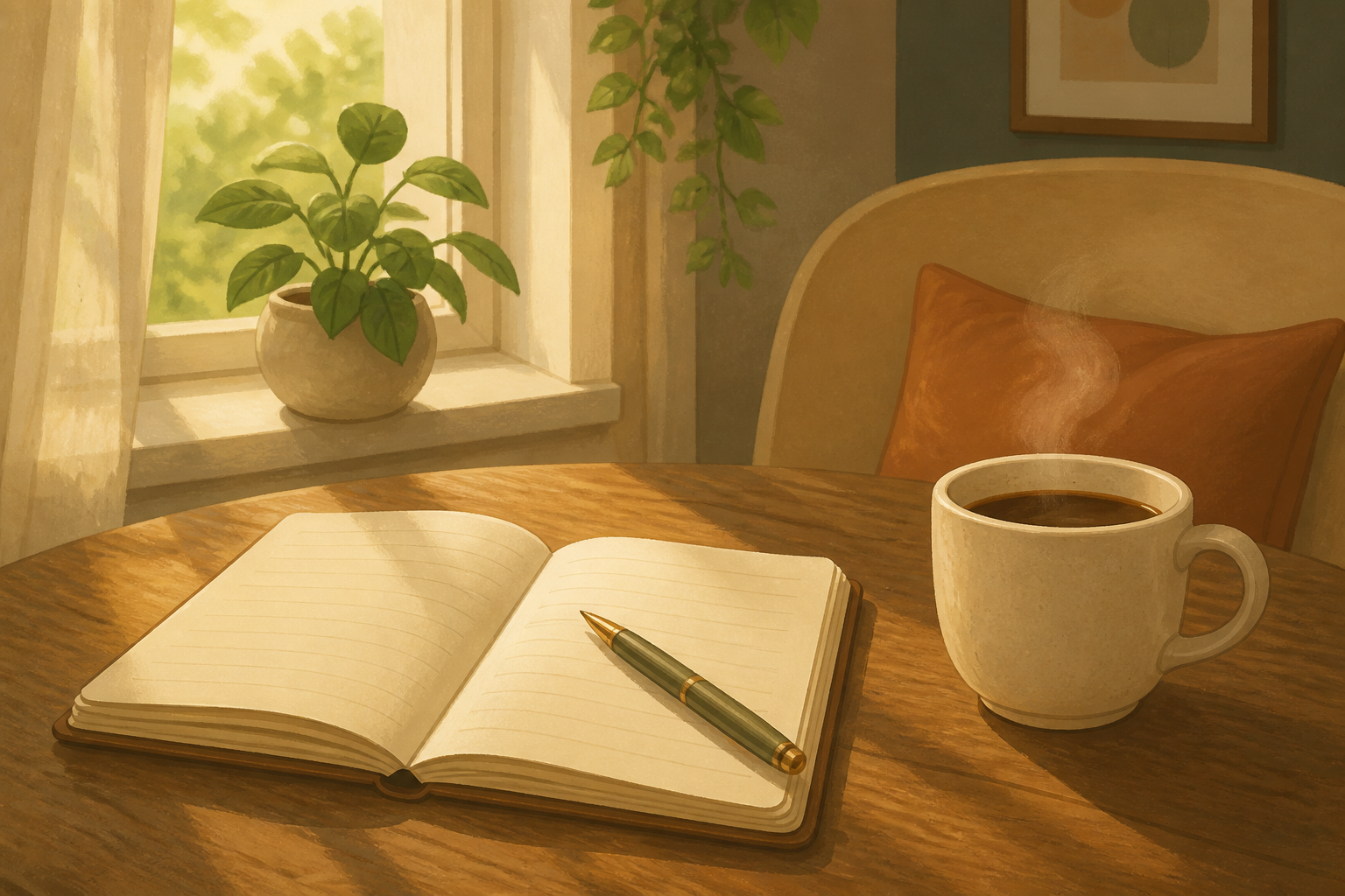 Inviting desk scene with notebook and coffee—ready for a confidential conversation.