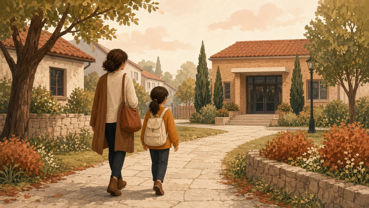 Soft illustration of a parent walking a child toward school.