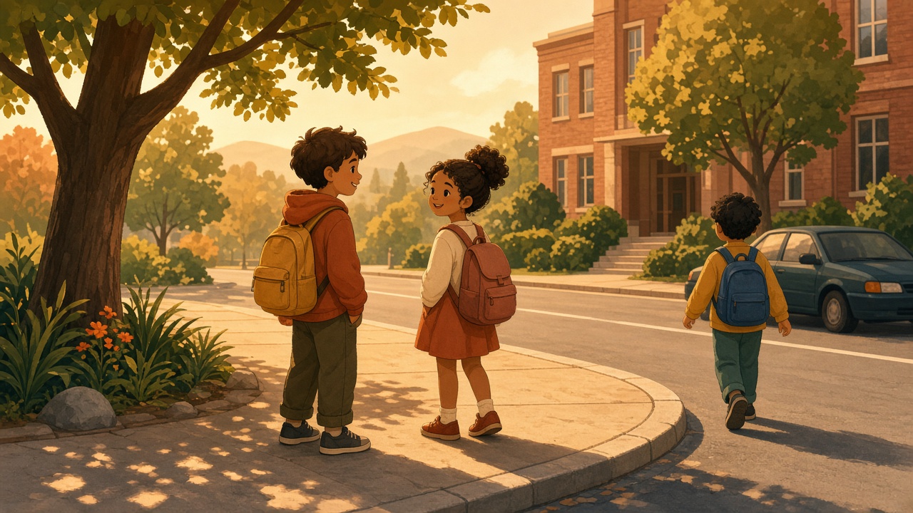 Soft illustration of kids after school, waiting for a ride home.